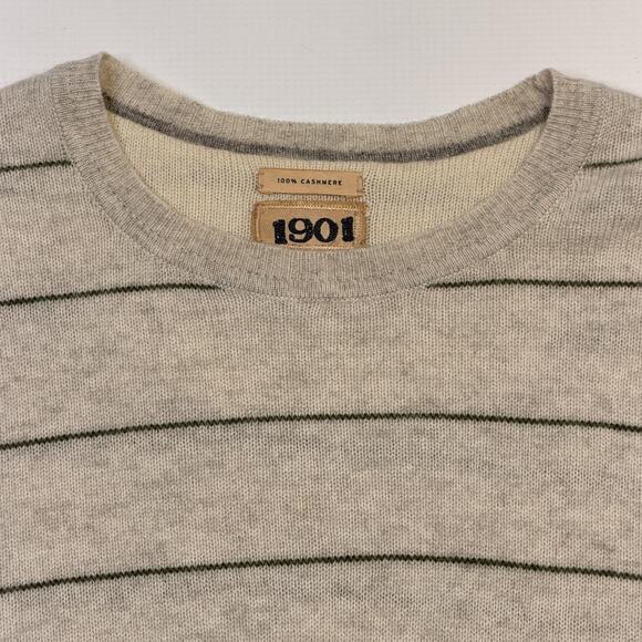 1901 Sweater Mens Medium Oatmeal Green Stripe 100% Cashmere Crewneck Pullover - Picture 2 of 13